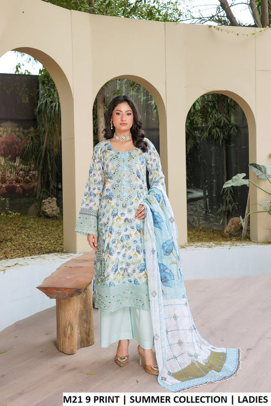 Lawn A-Line printed shirt plazo - Pakistani women's casual summer outfit with digital print dupatta front view