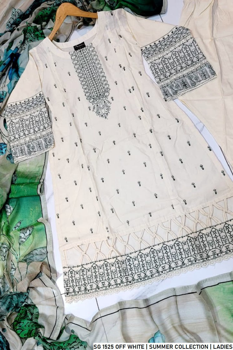 Pakistani women's off white lawn A-Line casual outfit back view