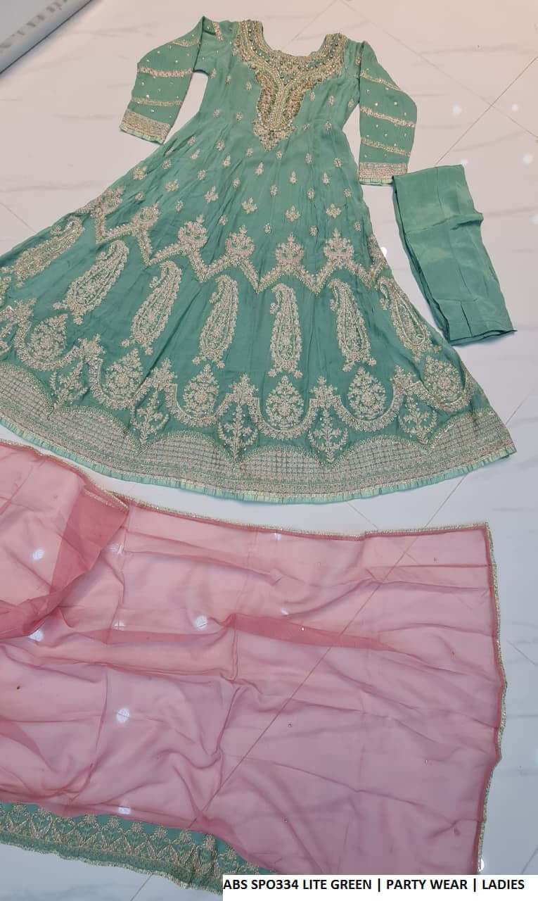 Pakistani women's light green chiffon straight shirt plazo back view