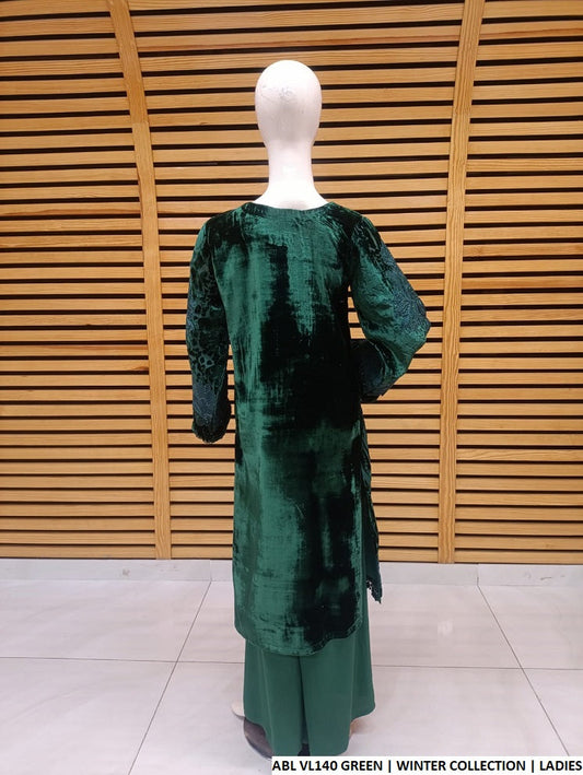 Green velvet Pakistani women's A-Line shirt back view