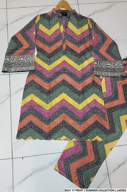 Lawn A-Line printed shirt - Pakistani women's casual summer outfit with cotton trouser and lawn dupatta front view
