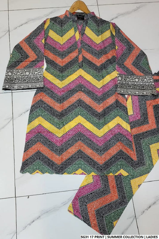 Lawn A-Line printed shirt - Pakistani women's casual summer outfit with cotton trouser and lawn dupatta front view