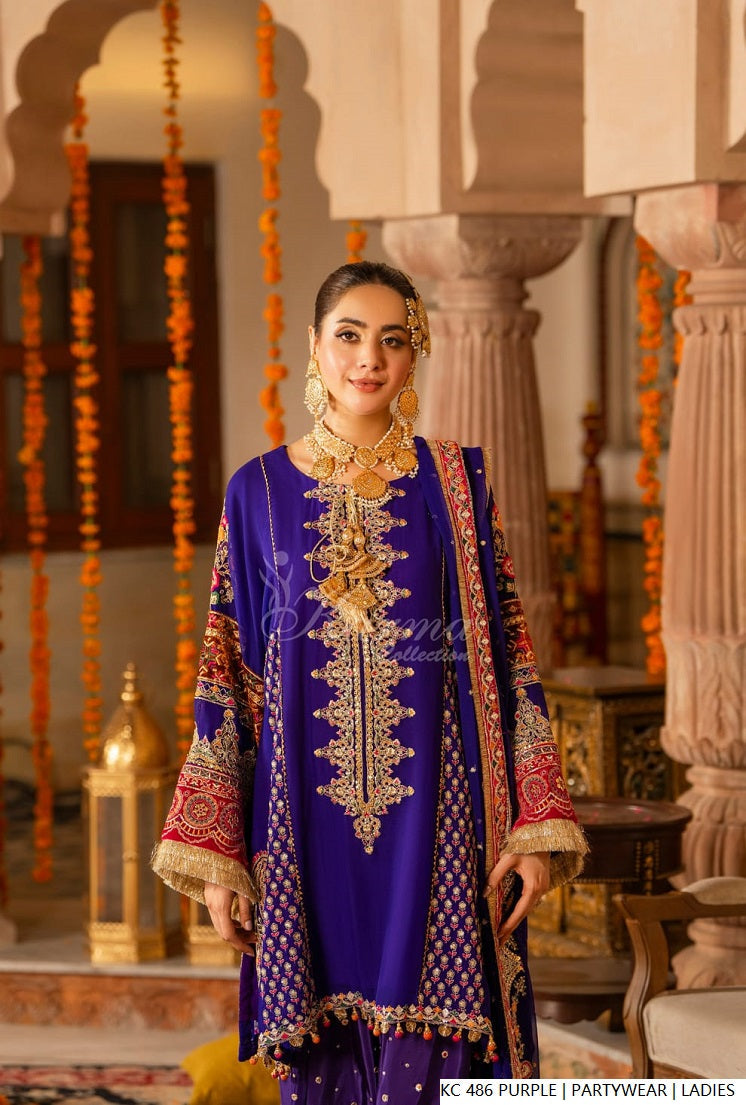 Pakistani women's purple silk long kaftan plazo detail view