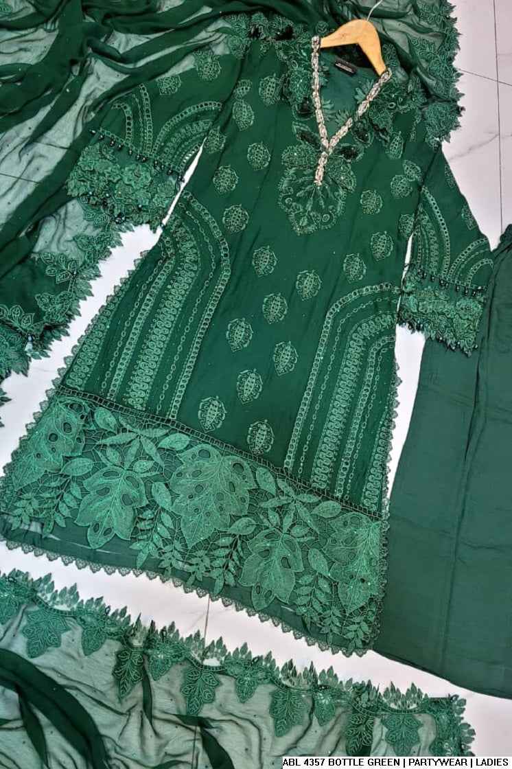 Pakistani women's bottle green organza A-Line shirt detail view