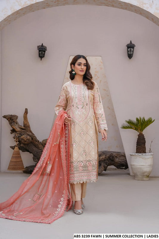 Cotton straight shirt ABS 3239 - Pakistani women's casual outfit with khaadi net dupatta front view