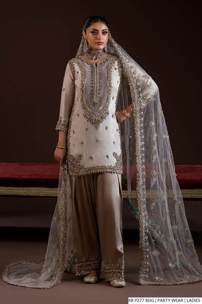 Pakistani women's beige hand embroidered luxury short suit back view