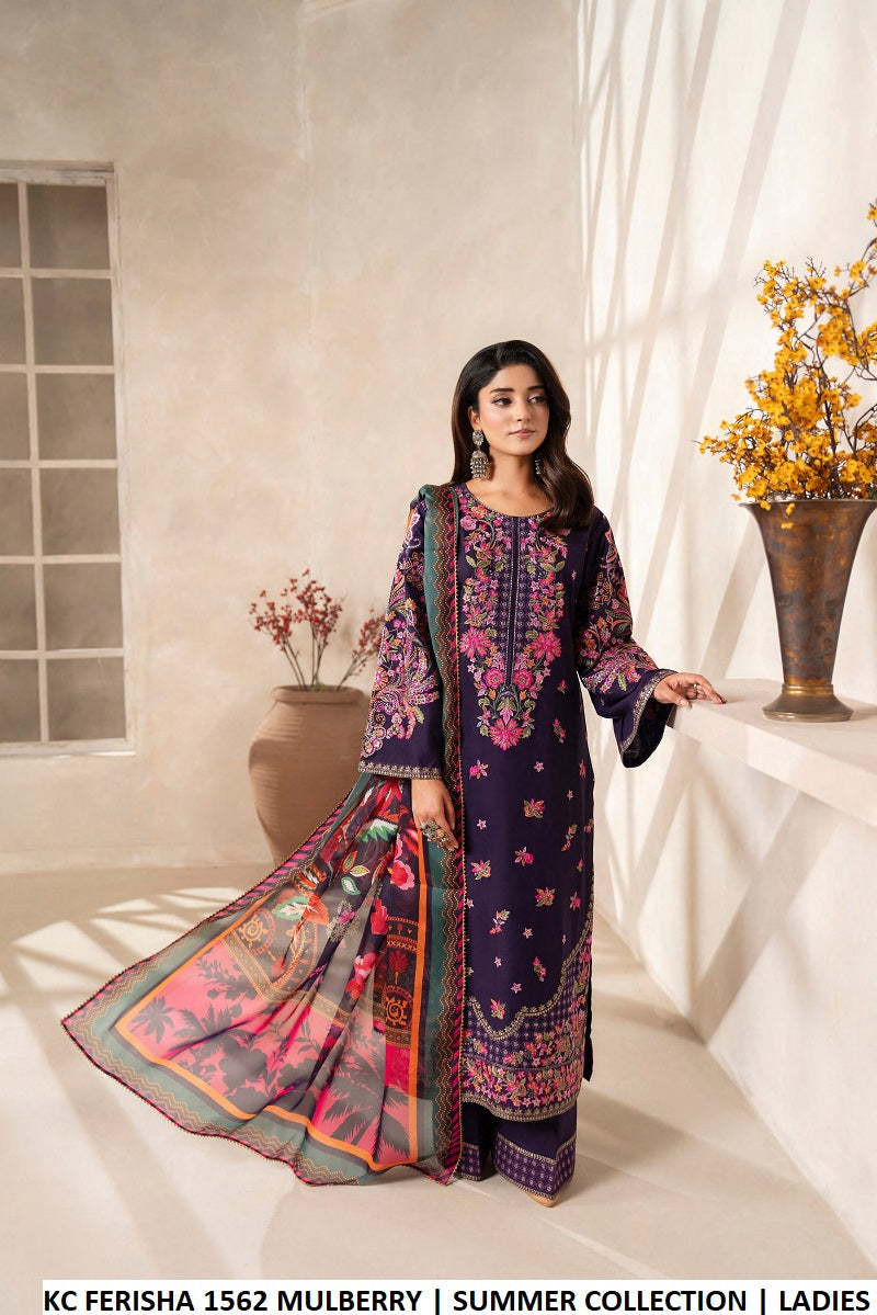 Cotton straight shirt plazo purple - Pakistani women's casual elegant outfit with digital print silk dupatta front view