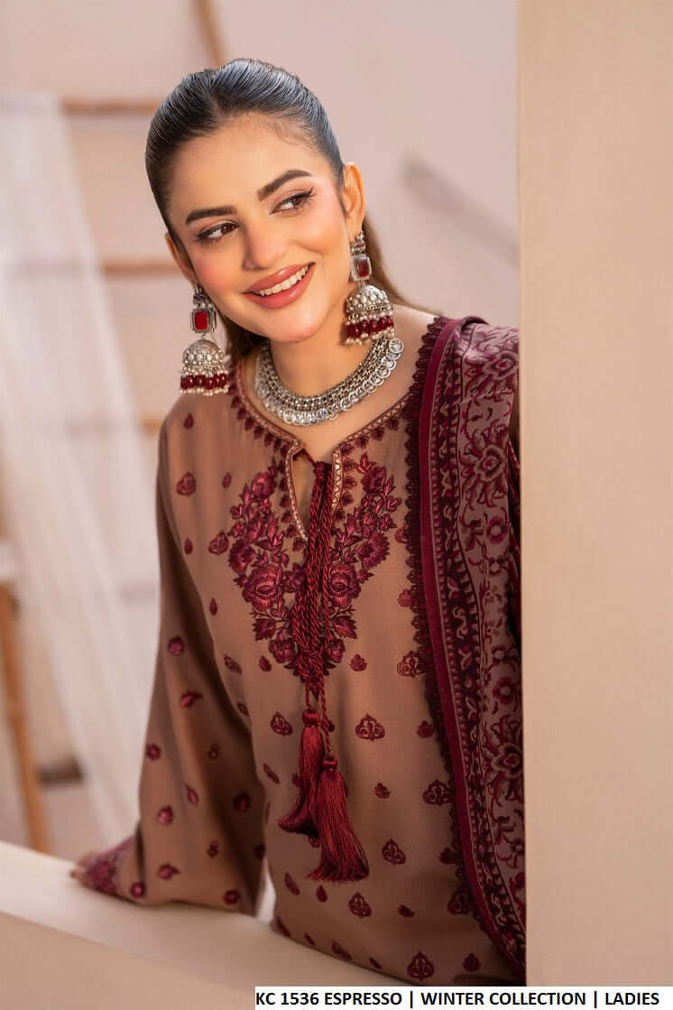 Pakistani women's espresso brown silk short shirt farshi shalwar back view