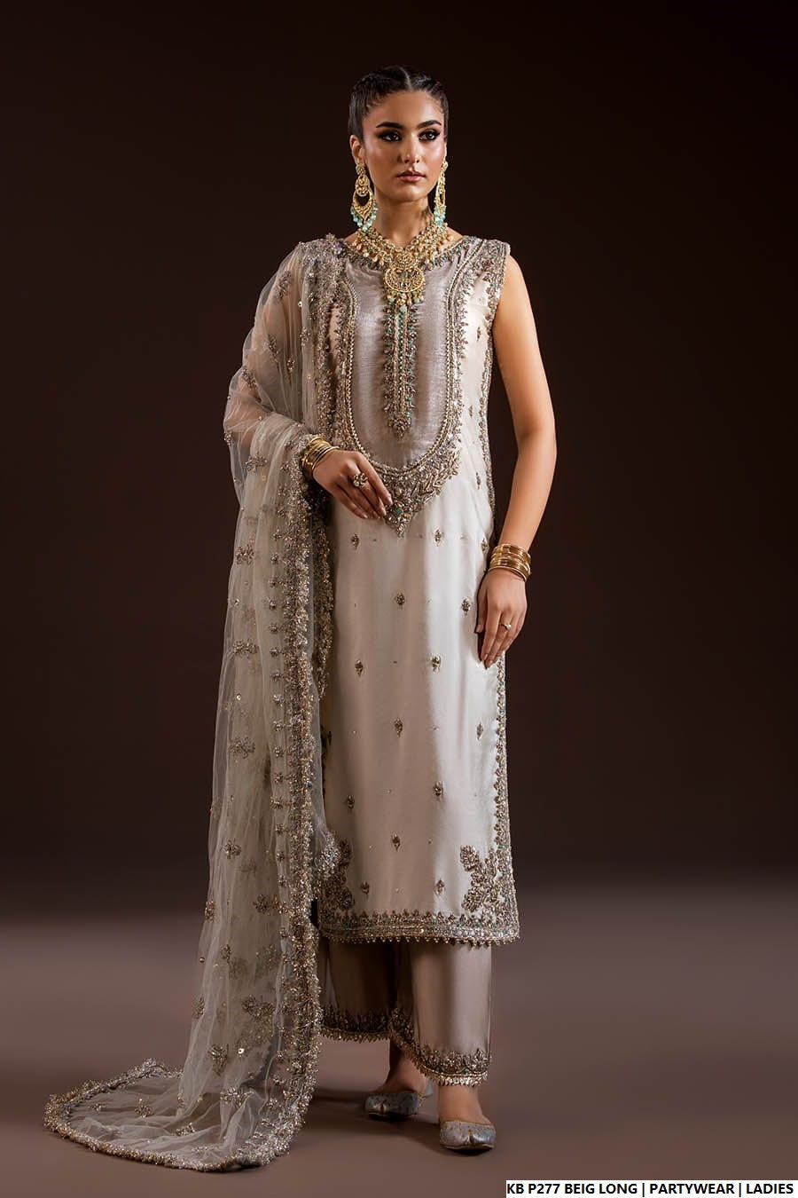 Pakistani women's velvet embroidered long suit back view