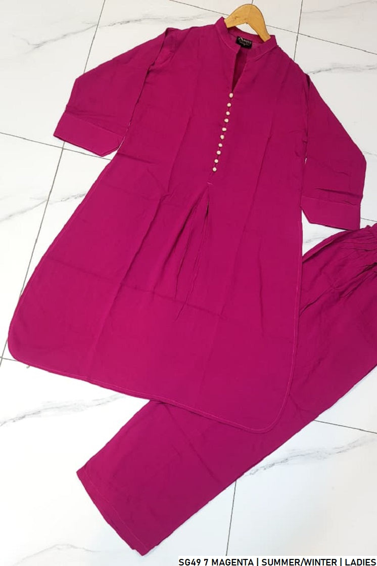 Pakistani women's magenta lawn A-Line casual outfit back view