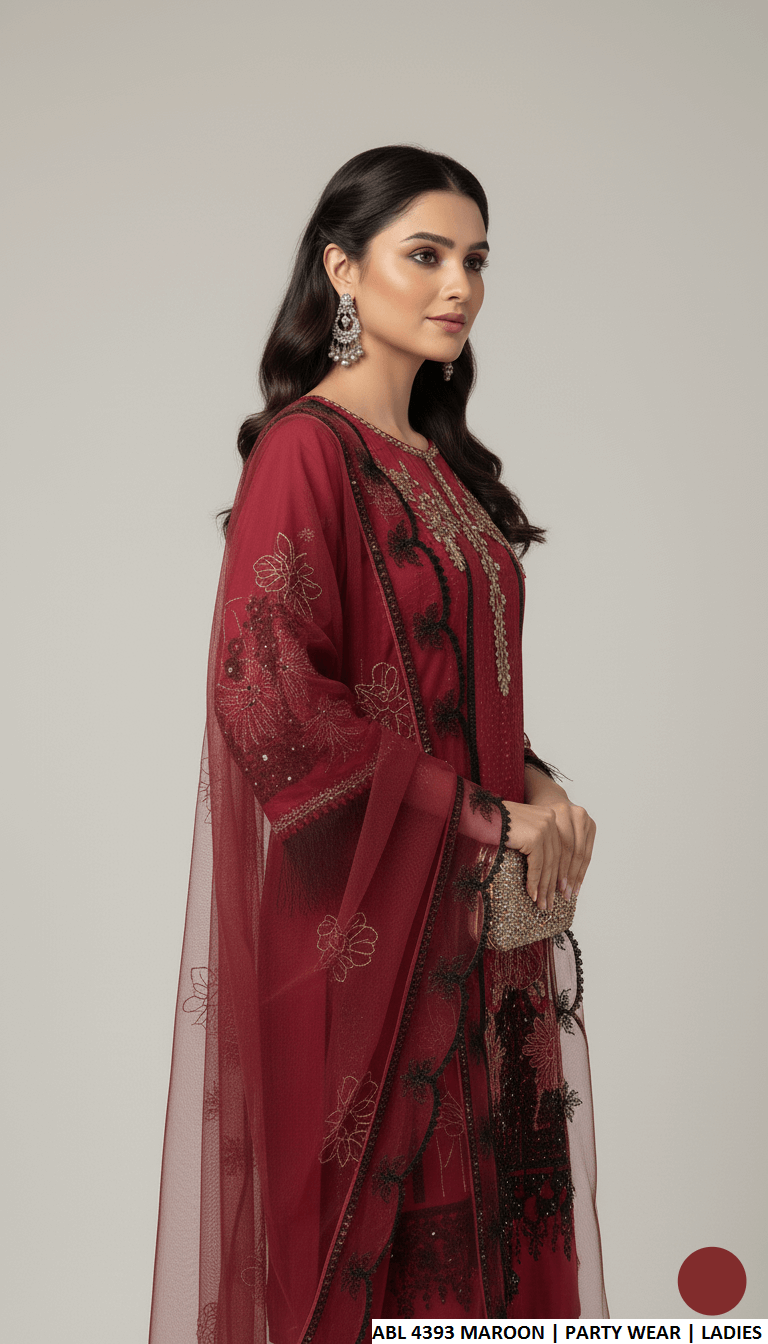 Pakistani women's maroon chiffon straight shirt back view