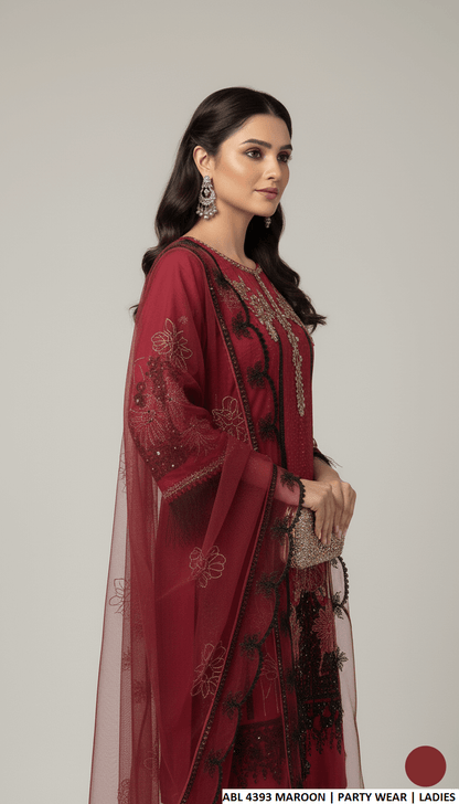 Pakistani women's maroon chiffon straight shirt back view
