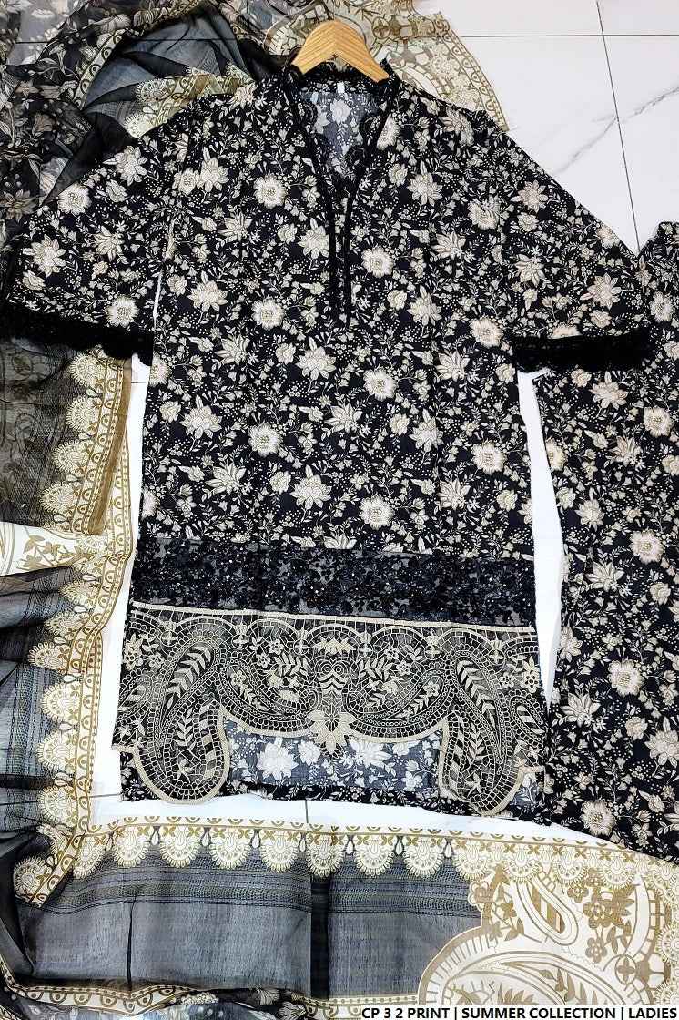 Lawn 2-piece printed - Pakistani women's casual summer outfit with cotton trouser and lawn dupatta front view