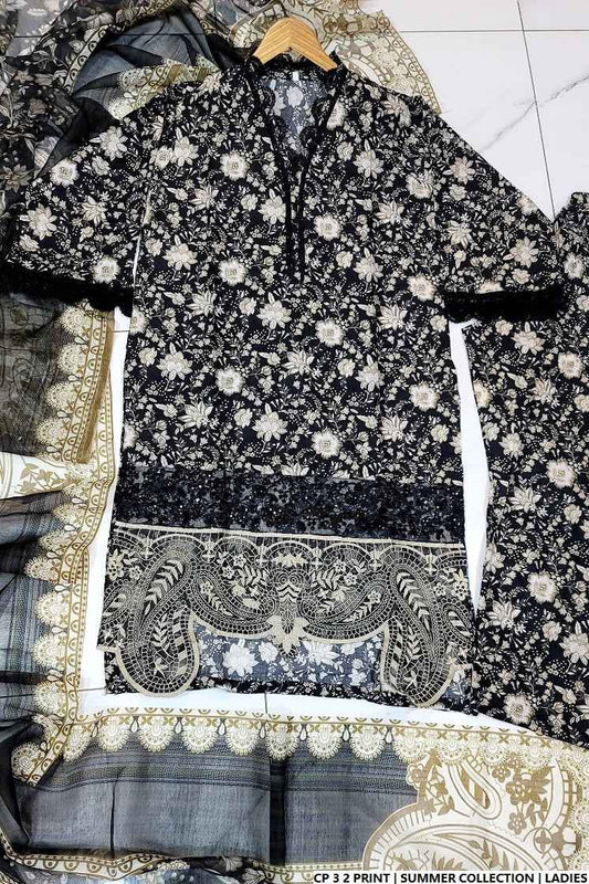Lawn 2-piece printed - Pakistani women's casual summer outfit with cotton trouser and lawn dupatta front view