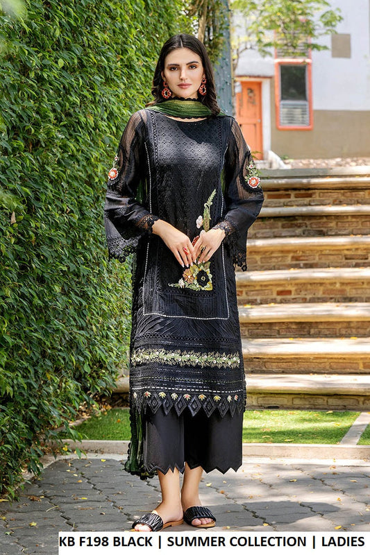 KB F198 BLACK - Black Cotton Straight 3-Piece Women's Pakistani Suit with Palazzo
