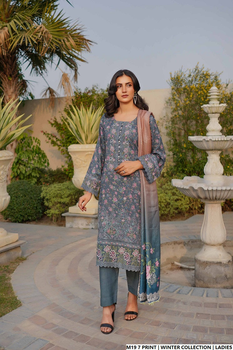 Lawn A-Line printed shirt - Pakistani women's casual summer outfit with cotton trouser and lawn dupatta front view