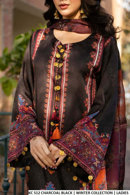 Charcoal black silk Pakistani women's long A-Line shirt with plazo side view