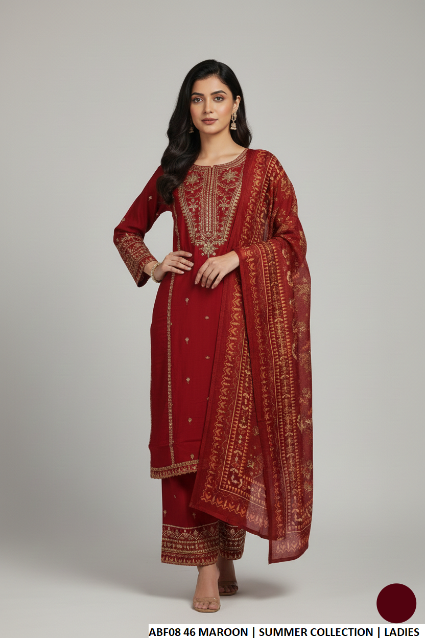 Cotton straight shirt plazo maroon - Pakistani women's casual outfit with digital print dupatta front view