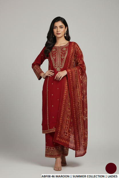 Cotton straight shirt plazo maroon - Pakistani women's casual outfit with digital print dupatta front view