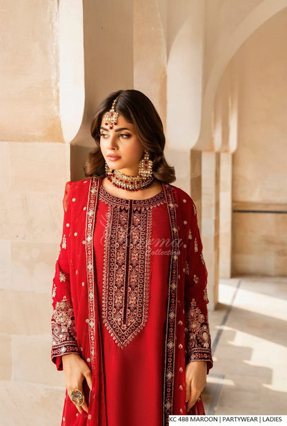 Maroon silk Pakistani women's long kaftan with plazo side view