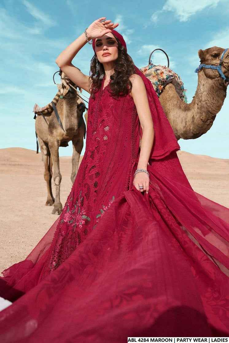 Pakistani women's maroon organza A-Line shirt detail view