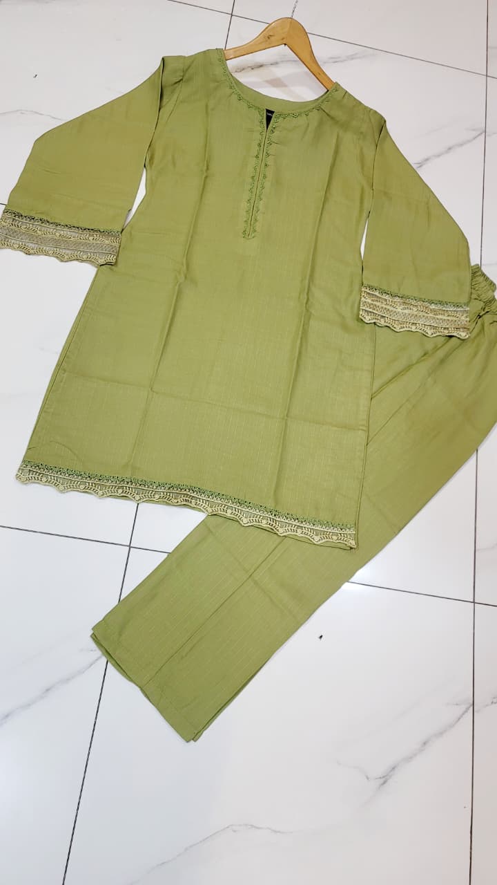 Pakistani women's pista green khaddar A-Line casual shirt full view