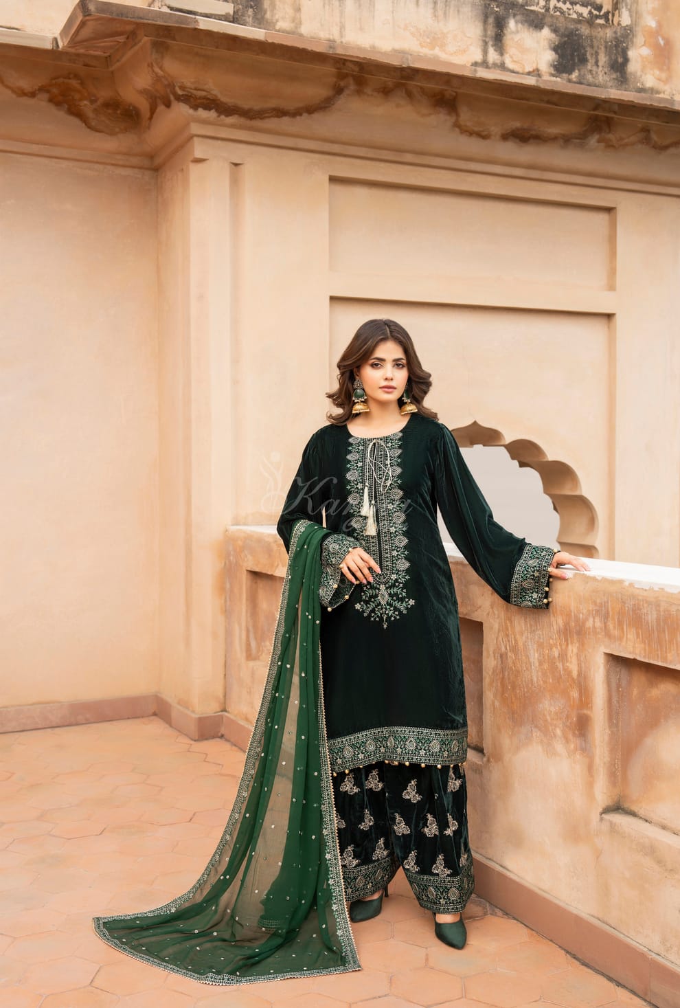 Velvet long kaftan plazo bottle green - Pakistani women's luxury winter formal wear with silk dupatta front view