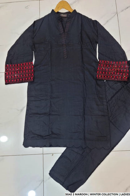 Pakistani women's black maroon lawn A-Line casual shirt full view