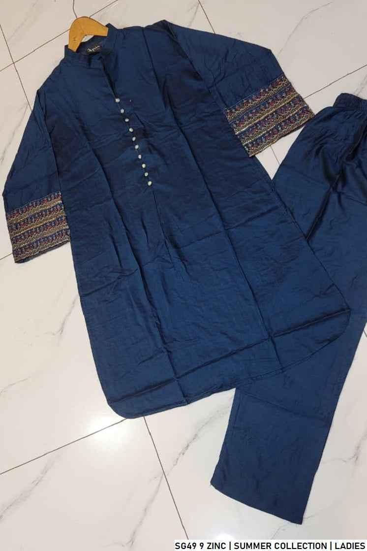 Pakistani women's zinc grey lawn A-Line casual outfit back view