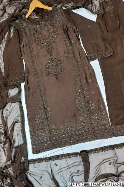 Pakistani women's chocolate brown silk straight shirt detail view