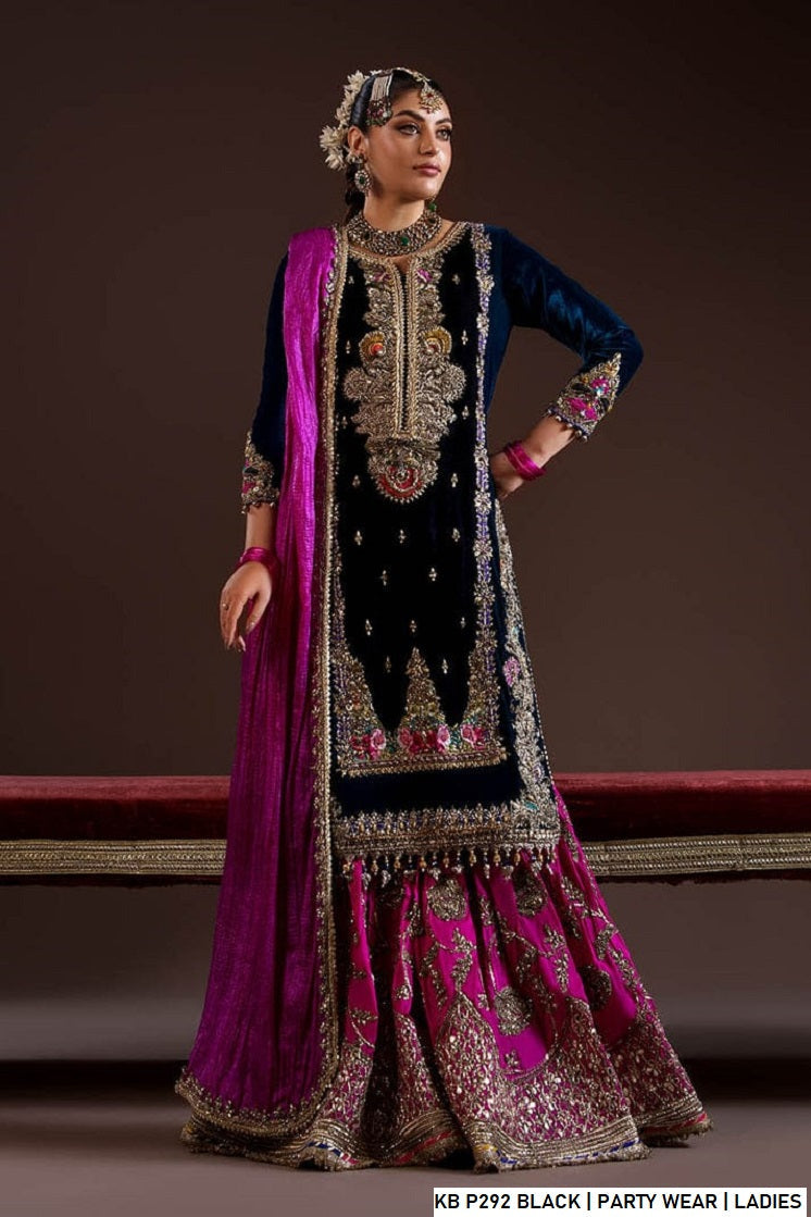 Velvet embroidered suit black - Pakistani women's luxury winter formal wear with velvet dupatta front view