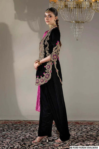 Pakistani women's velvet hand embroidered farshi shalwar suit back view