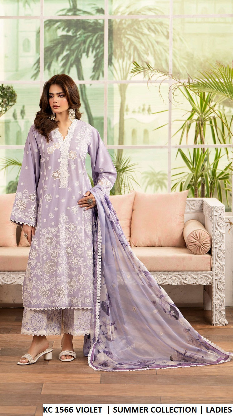 Cotton organza cutwork high neck shirt KC TABEER 1566 VIOLET - Pakistani women's casual outfit with 3D flower work and matte chiffon dupatta front view