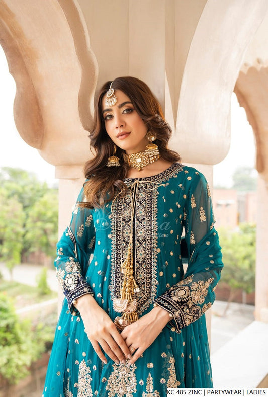 Zinc grey silk Pakistani women's long kaftan with plazo side view