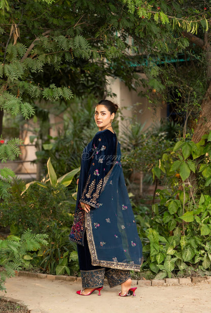 Pakistani women's zinc grey velvet long kaftan plazo full view