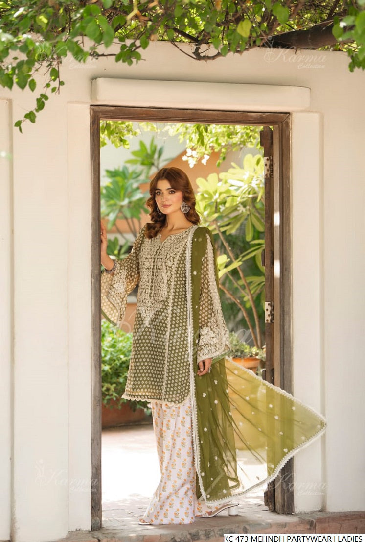 Pakistani women's mehndi green silk long kaftan full view