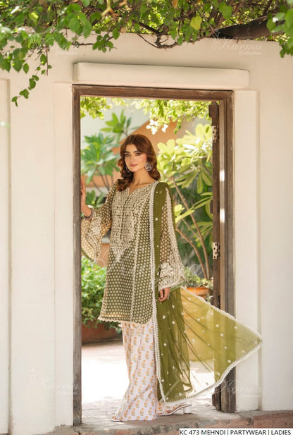 Pakistani women's mehndi green silk long kaftan full view