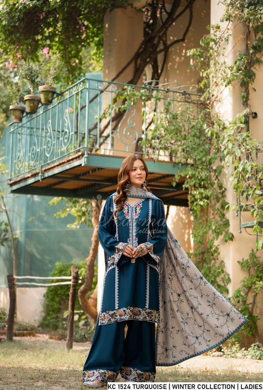 Silk short shirt turquoise - Pakistani women's traditional festive outfit with silk fabric front view