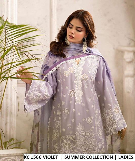 KC TABEER 1566 VIOLET cotton organza cutwork Pakistani women's high neck shirt side view