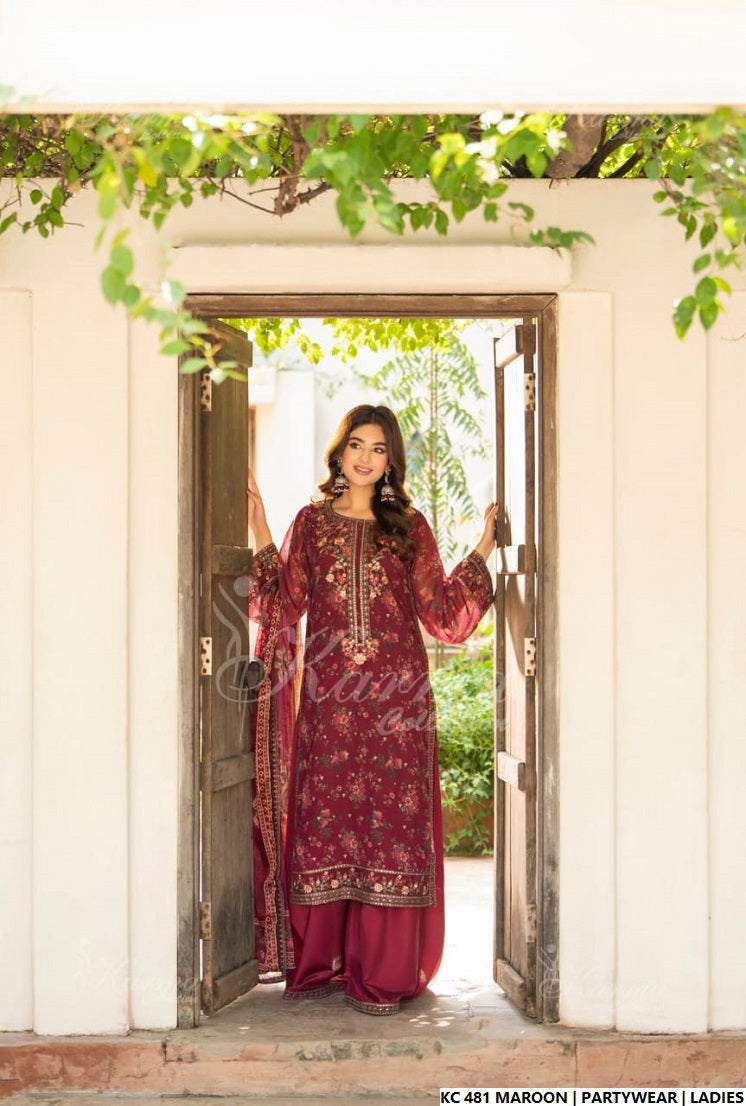 Maroon silk Pakistani women's long kaftan side view