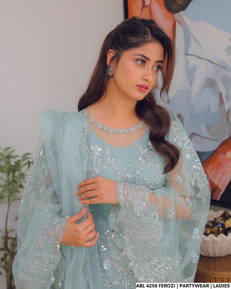 Pakistani women's ferozi organza A-Line shirt detail view