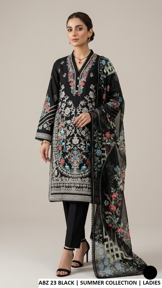 ABZ 23 BLACK - Black Cotton Chiffon Straight 3-Piece Women's Pakistani Suit