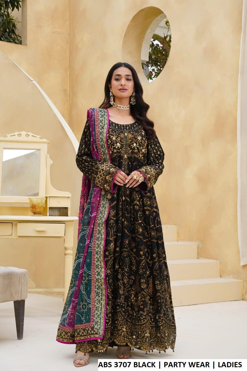Chiffon long open frock plazo black - Pakistani women's luxury party wear with viscose plazo and chiffon dupatta front view