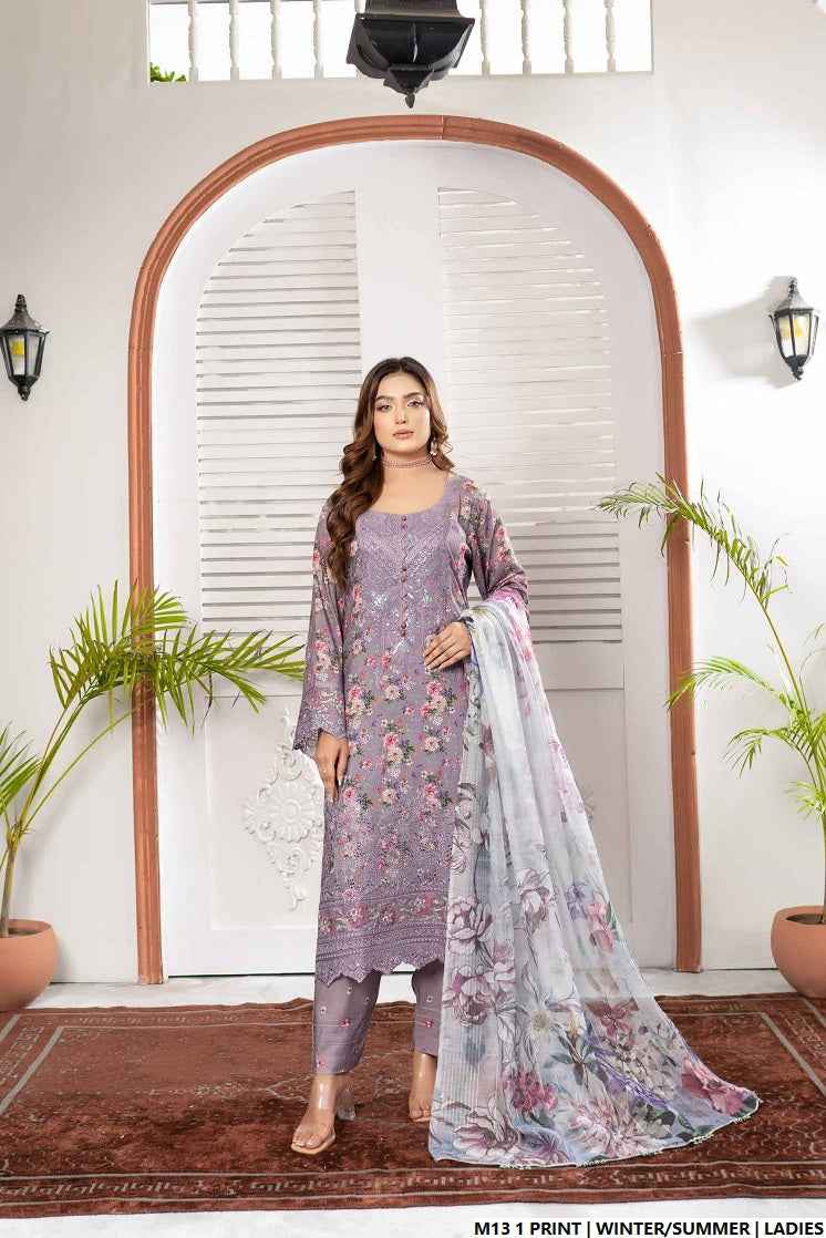 Lawn A-Line printed shirt - Pakistani women's casual summer outfit with cotton trouser and lawn dupatta front view