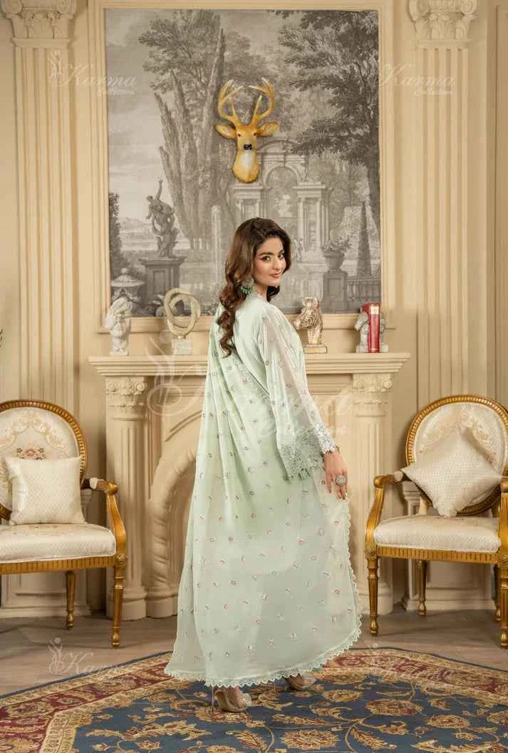 Pakistani women's light green silk short shirt farshi shalwar detail view
