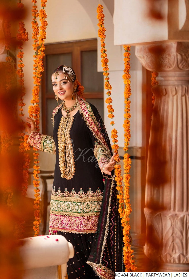 Silk long kaftan plazo black - Pakistani women's luxury formal wear with silk dupatta front view