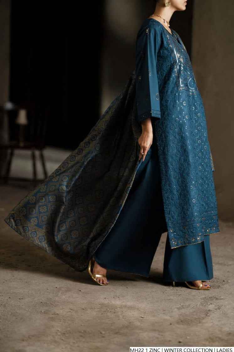 Pakistani women's zinc grey khaddar straight shirt detail view