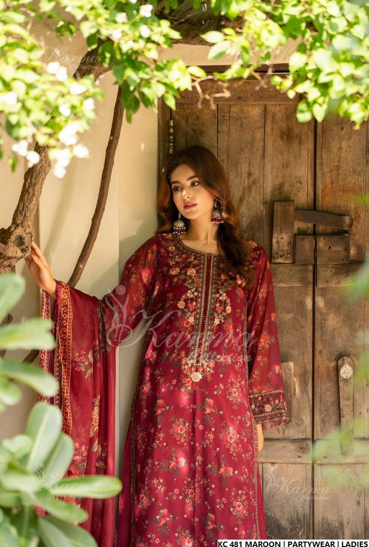 Pakistani women's maroon silk long kaftan detail view