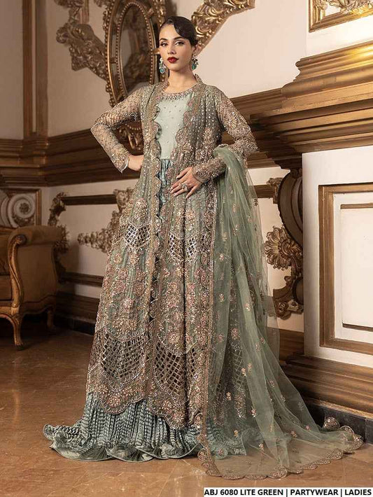 Chiffon short frock light green - Pakistani women's elegant casual party wear with chiffon dupatta front view