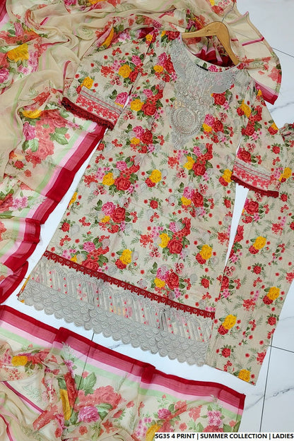 Pakistani women's lawn A-Line printed casual outfit back view
